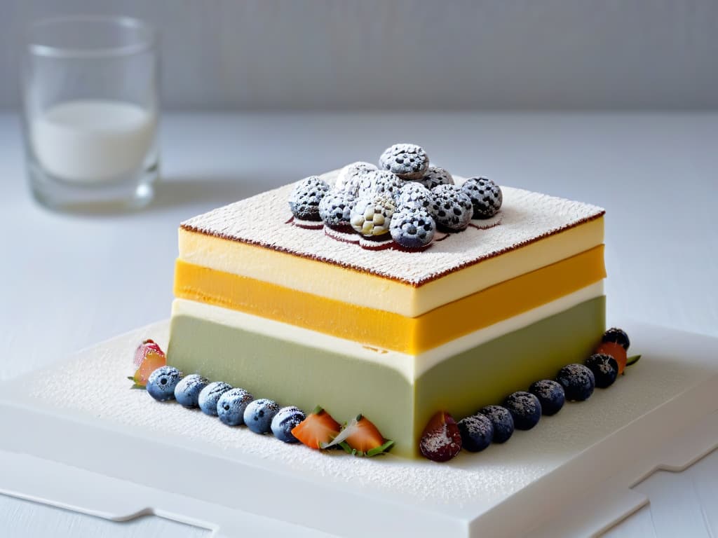  An ultradetailed closeup image of a perfectly balanced and visually stunning multilayered dessert, showcasing intricate layers of sweet, tangy, salty, and bitter components elegantly arranged in a minimalist and sophisticated presentation. Each layer is meticulously crafted to highlight the delicate balance of flavors, inviting the viewer to appreciate the artistry and complexity of taste harmonization in pastry making. hyperrealistic, full body, detailed clothing, highly detailed, cinematic lighting, stunningly beautiful, intricate, sharp focus, f/1. 8, 85mm, (centered image composition), (professionally color graded), ((bright soft diffused light)), volumetric fog, trending on instagram, trending on tumblr, HDR 4K, 8K