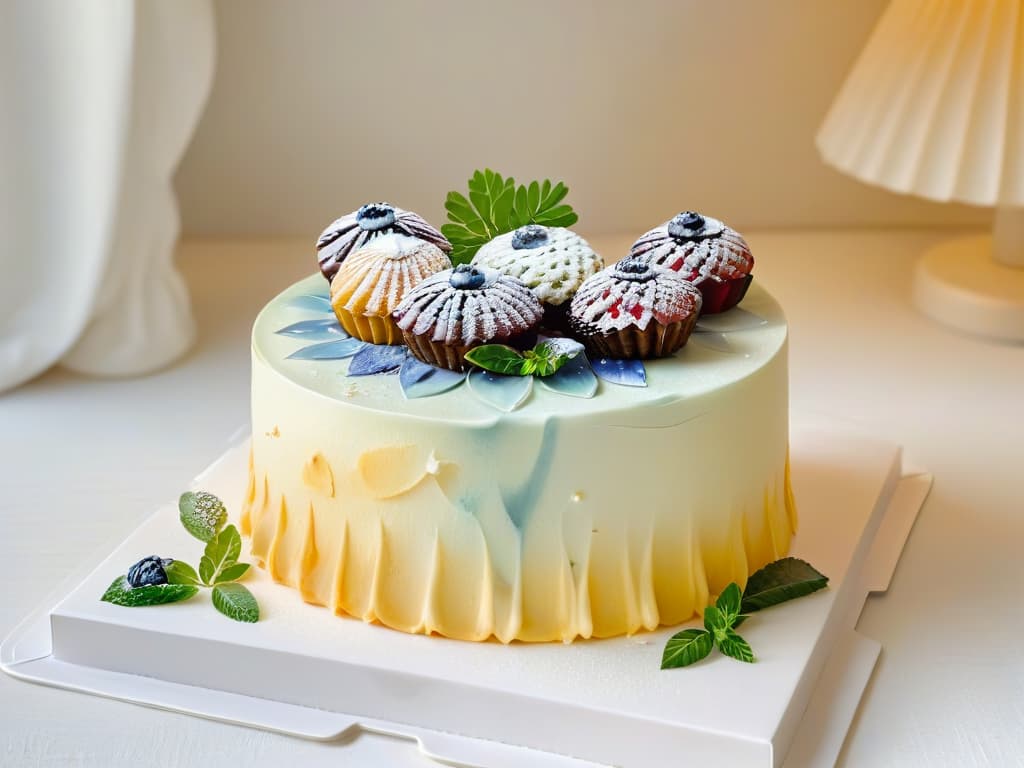  A closeup, ultradetailed image of a delicate French pastry coated with a glossy, handpainted edible watercolor design featuring intricate floral patterns and vibrant colors. The brush strokes are visible, showcasing the artistry and precision involved in creating such a masterpiece. The background is softly blurred, emphasizing the artful dessert as the focal point. hyperrealistic, full body, detailed clothing, highly detailed, cinematic lighting, stunningly beautiful, intricate, sharp focus, f/1. 8, 85mm, (centered image composition), (professionally color graded), ((bright soft diffused light)), volumetric fog, trending on instagram, trending on tumblr, HDR 4K, 8K