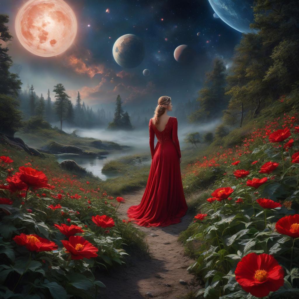  space themed An oil painting, a masterpiece. A scarlet flower bloomed on the night of Ivan Kupala. Russian antiquity, rituals. Freshness, greenery, wilderness. Style: Zhostovo. High quality, HDR. . cosmic, celestial, stars, galaxies, nebulas, planets, science fiction, highly detailed hyperrealistic, full body, detailed clothing, highly detailed, cinematic lighting, stunningly beautiful, intricate, sharp focus, f/1. 8, 85mm, (centered image composition), (professionally color graded), ((bright soft diffused light)), volumetric fog, trending on instagram, trending on tumblr, HDR 4K, 8K