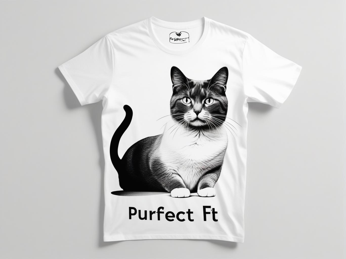  (surrealism style), T-shirt of a minimalistic cat with the written text “PURFECT FIT” written underneath