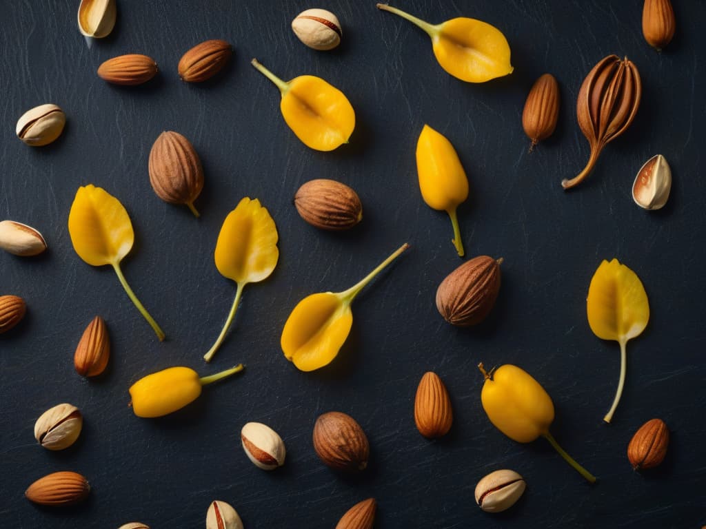  A highresolution, minimalist image of a variety of colorful seeds and nuts arranged in a visually appealing pattern on a sleek, matte black surface. The seeds include chia seeds, flaxseeds, pumpkin seeds, and sunflower seeds, while the nuts consist of almonds, walnuts, and cashews, creating a visually striking contrast of shapes and colors. The natural textures and vibrant hues of the seeds and nuts pop against the dark background, evoking a sense of energy and vitality. hyperrealistic, full body, detailed clothing, highly detailed, cinematic lighting, stunningly beautiful, intricate, sharp focus, f/1. 8, 85mm, (centered image composition), (professionally color graded), ((bright soft diffused light)), volumetric fog, trending on instagram, trending on tumblr, HDR 4K, 8K