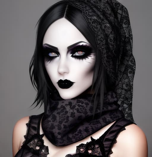  Female model wearing gothic style makeup with black lace scarf