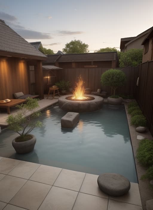  backyard decorated with Zen style, including seating area and new slabs, photorealistic, contrast, high quality, hyper realistic, clear features, highly detailed, natural lighting, sharp focus, f/1.8, 85mm, high contrast, HDR 4K, 8K