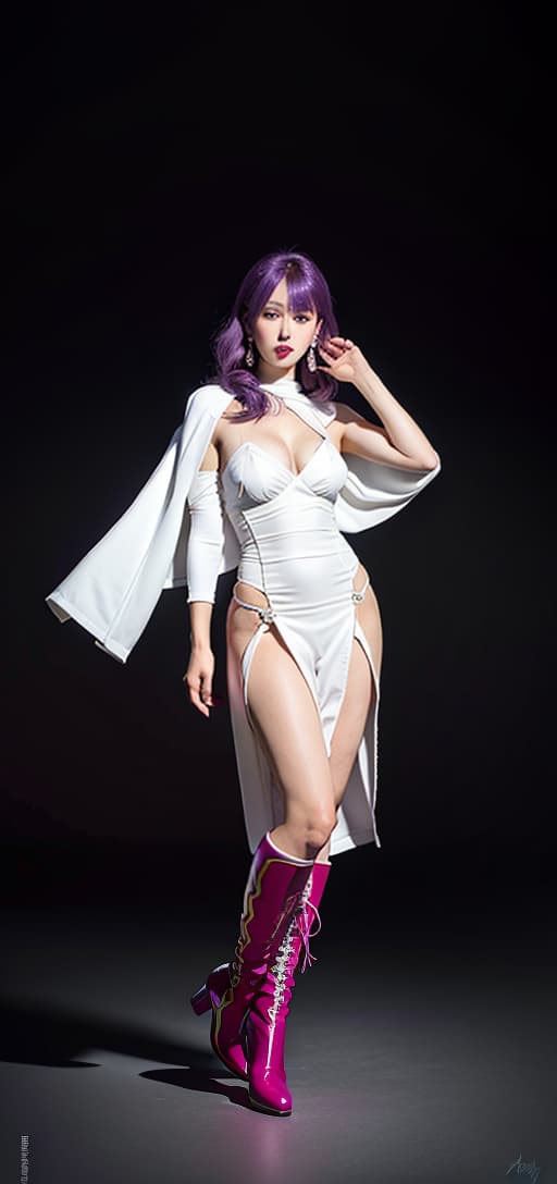  Purple hair, lipstick, red high leg, earrings, white boots, cloak, sexy, (Masterpiece, BestQuality:1.3), (ultra detailed:1.2), (hyperrealistic:1.3), (RAW photo:1.2),High detail RAW color photo, professional photograph, (Photorealistic:1.4), (realistic:1.4), ,professional lighting, (japanese), beautiful face, (realistic face)