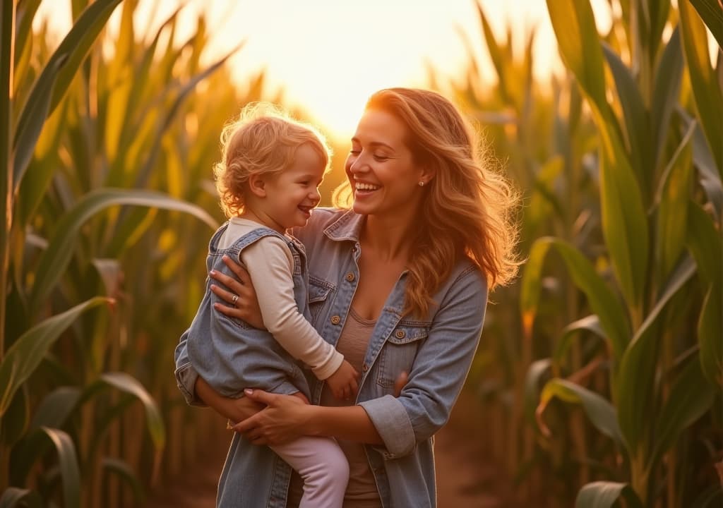  good quality, high quality, mother and her child navigating through a tall corn maze, laughing as they try to find their way out on a crisp autumn afternoon , woman and kid autumn corn maze adventure concept image