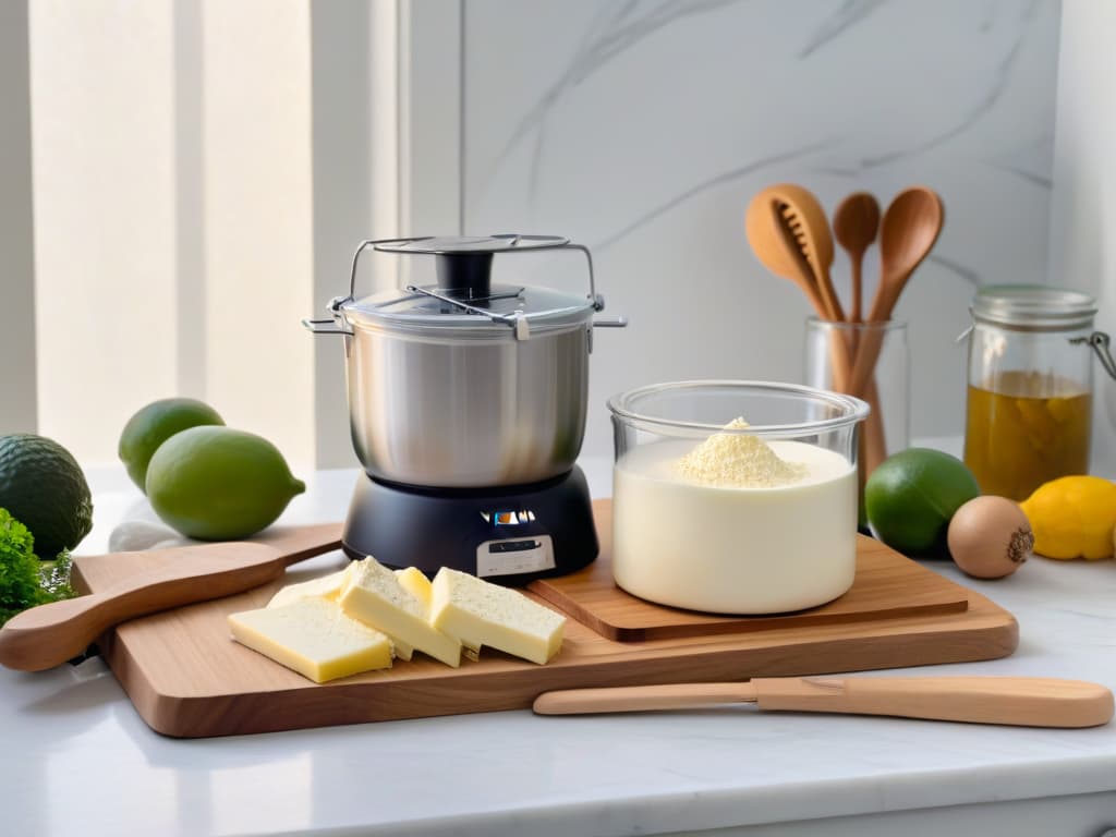  A highresolution, minimalist image featuring a beautifully arranged set of essential utensils for making vegan cream cheese, including a sleek food processor, a wooden spatula, a stainless steel mixing bowl, a measuring cup, and a fine mesh strainer, all set against a clean, white marble countertop with soft, natural lighting casting subtle shadows. Each utensil is strategically placed to convey a sense of precision and organization, highlighting the simplicity and elegance of the vegan cheesemaking process. hyperrealistic, full body, detailed clothing, highly detailed, cinematic lighting, stunningly beautiful, intricate, sharp focus, f/1. 8, 85mm, (centered image composition), (professionally color graded), ((bright soft diffused light)), volumetric fog, trending on instagram, trending on tumblr, HDR 4K, 8K