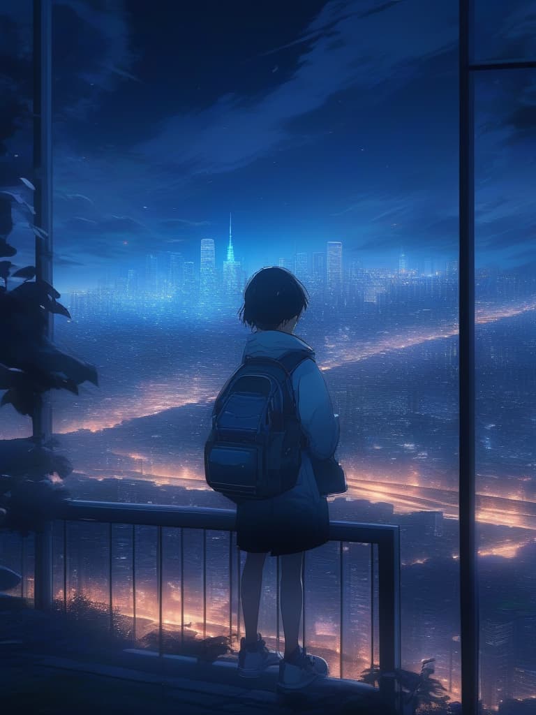  The background is the city of the city, the sky is a night sky, the sunset is a little visible, the night view of the urban city is watching, the back of the whole body., masterpiece, best quality,8k,ultra detailed,high resolution,an extremely delicate and beautiful,hyper detail