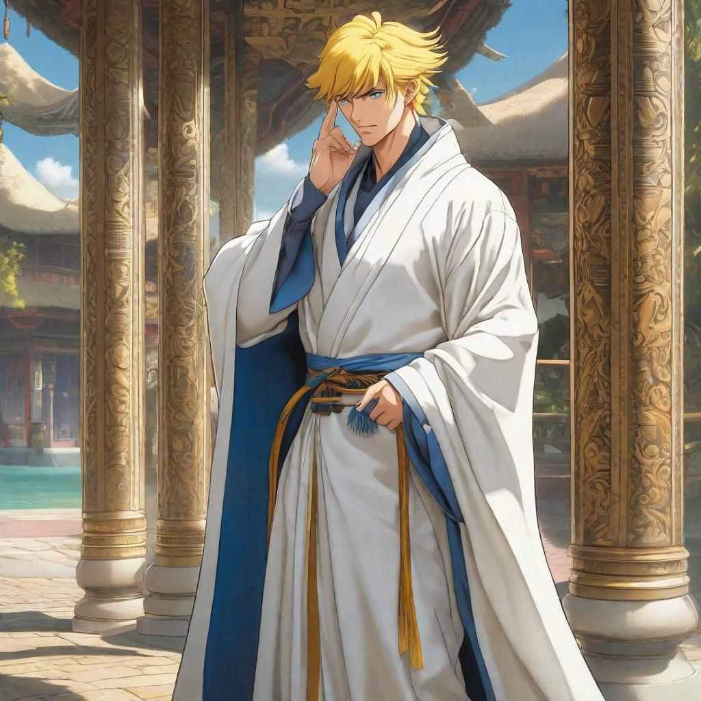  A young man with yellow hair and blue eyes is standing, wearing a white abaya, and placing two fingers on his forehead., anime concept art by Hayao Miyazaki, featured on pixiv, fantasy art, concept art, official art, high detailed hyperrealistic, full body, detailed clothing, highly detailed, cinematic lighting, stunningly beautiful, intricate, sharp focus, f/1. 8, 85mm, (centered image composition), (professionally color graded), ((bright soft diffused light)), volumetric fog, trending on instagram, trending on tumblr, HDR 4K, 8K