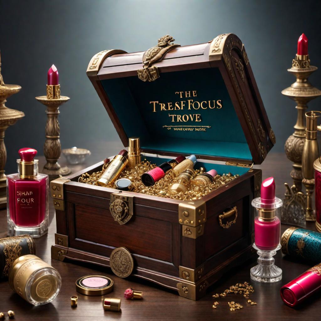  A large treasure chest tipped over with the name 'Treasure Trove' on the inside lid, spilling out beautiful women's cosmetics. The chest should have ornate designs and the cosmetics should include items like lipsticks, perfumes, eyeshadows, and nail polishes scattered around. hyperrealistic, full body, detailed clothing, highly detailed, cinematic lighting, stunningly beautiful, intricate, sharp focus, f/1. 8, 85mm, (centered image composition), (professionally color graded), ((bright soft diffused light)), volumetric fog, trending on instagram, trending on tumblr, HDR 4K, 8K