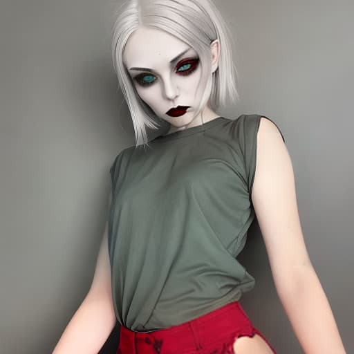  1girl, silver hair, green eyes, grey T-shirt, red saggy pants, Gothic makeup