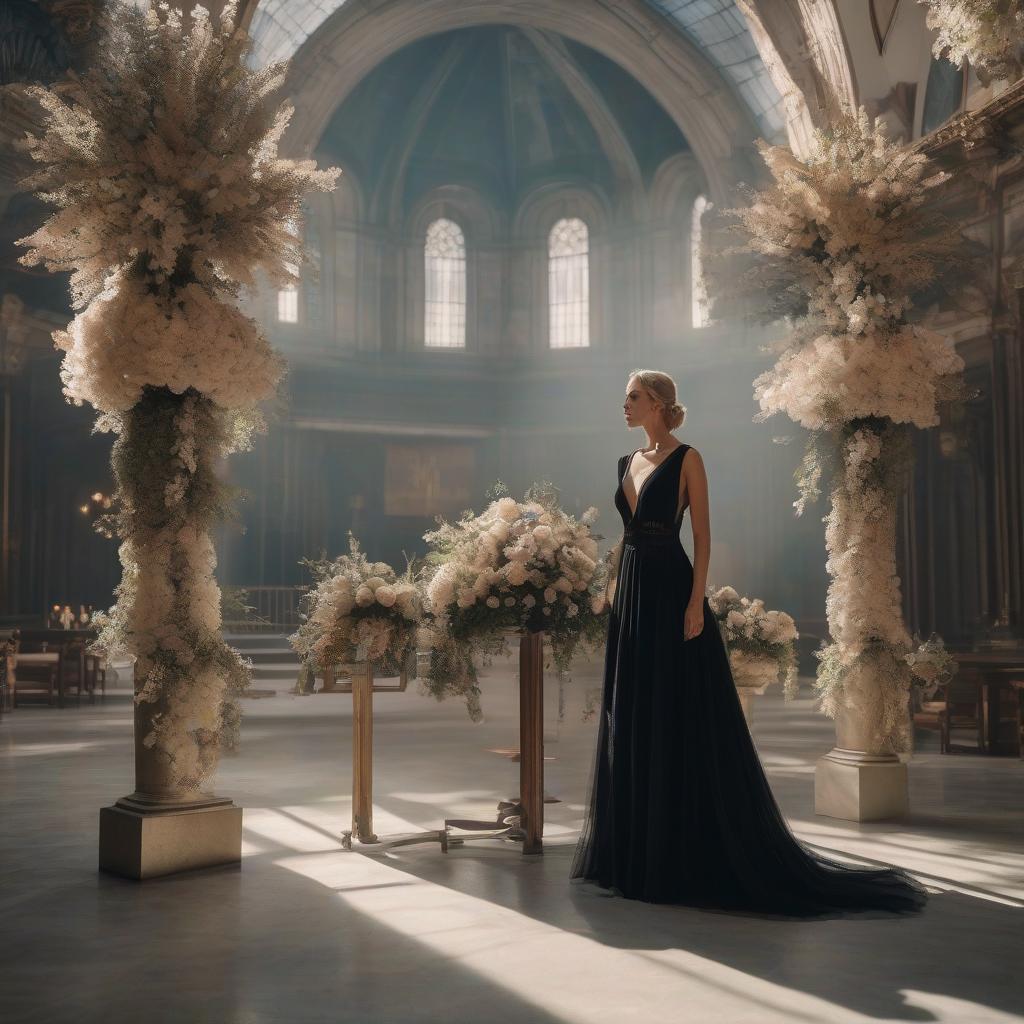  A vintage sad woman in a black dress gets married in the 1990s. hyperrealistic, full body, detailed clothing, highly detailed, cinematic lighting, stunningly beautiful, intricate, sharp focus, f/1. 8, 85mm, (centered image composition), (professionally color graded), ((bright soft diffused light)), volumetric fog, trending on instagram, trending on tumblr, HDR 4K, 8K