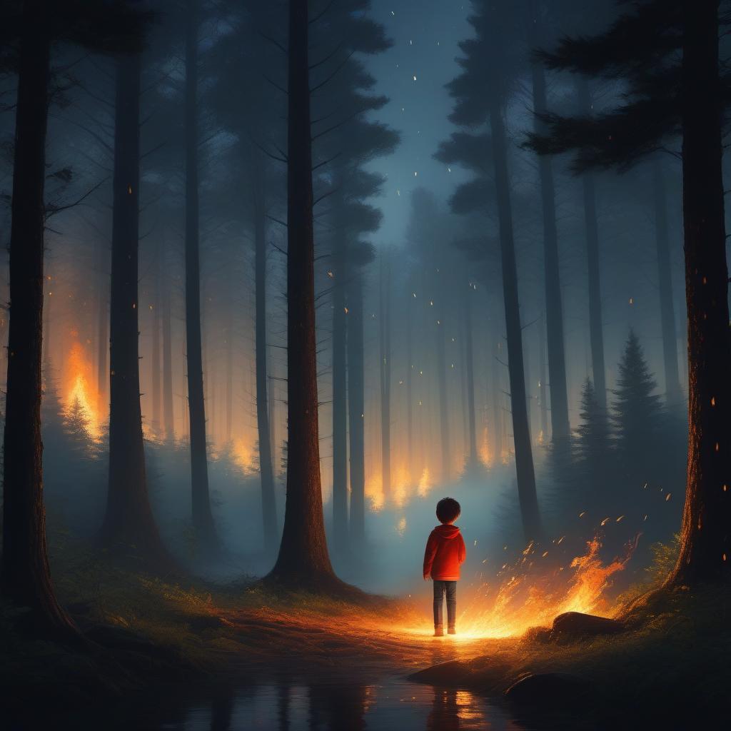  Night, dark, rainy, windy forest with a spark from a fire near which a little boy in an anime style warms up