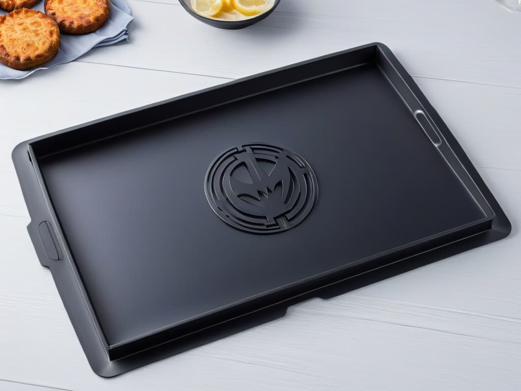  An ultradetailed image of a sleek, minimalist black baking tray with subtle embossed Marvel superhero logos at each corner. The tray is impeccably clean and reflects the light, showcasing a flawless nonstick surface. The edges are perfectly straight, and the overall design exudes a sense of professional elegance and highquality craftsmanship. hyperrealistic, full body, detailed clothing, highly detailed, cinematic lighting, stunningly beautiful, intricate, sharp focus, f/1. 8, 85mm, (centered image composition), (professionally color graded), ((bright soft diffused light)), volumetric fog, trending on instagram, trending on tumblr, HDR 4K, 8K