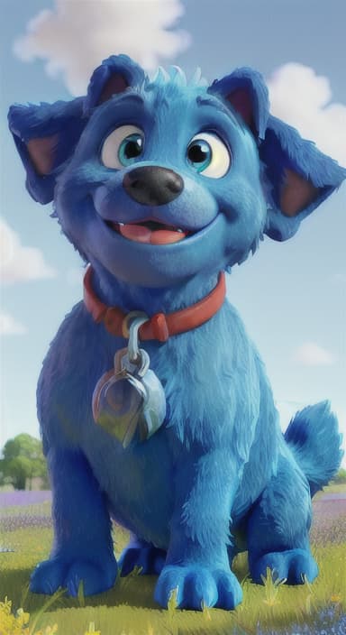  {A happy, big blue dog wagging its tail in a colorful meadow, The big blue dog is large with sky blue fur, big round eyes, a black nose, and floppy ears.