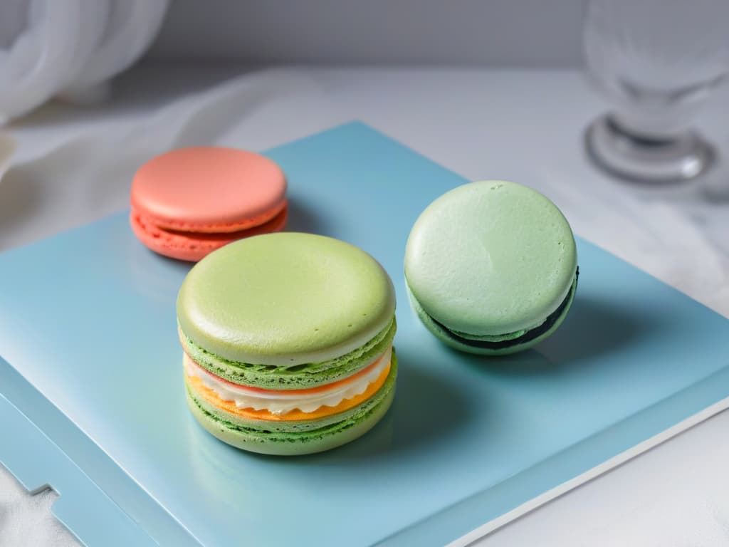  An ultradetailed closeup image of a delicate, intricately designed macaron with a glossy surface, showcasing vibrant colors and precise detailing on a minimalist, monochromatic background. hyperrealistic, full body, detailed clothing, highly detailed, cinematic lighting, stunningly beautiful, intricate, sharp focus, f/1. 8, 85mm, (centered image composition), (professionally color graded), ((bright soft diffused light)), volumetric fog, trending on instagram, trending on tumblr, HDR 4K, 8K