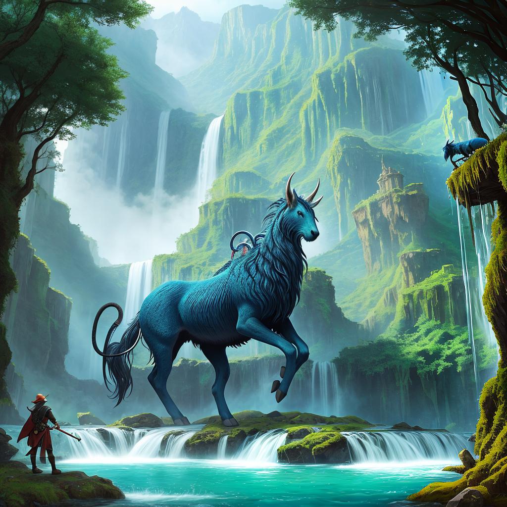  in a fantasy setting, Paint a surreal landscape where mythical beasts roam amidst cascading waterfalls.