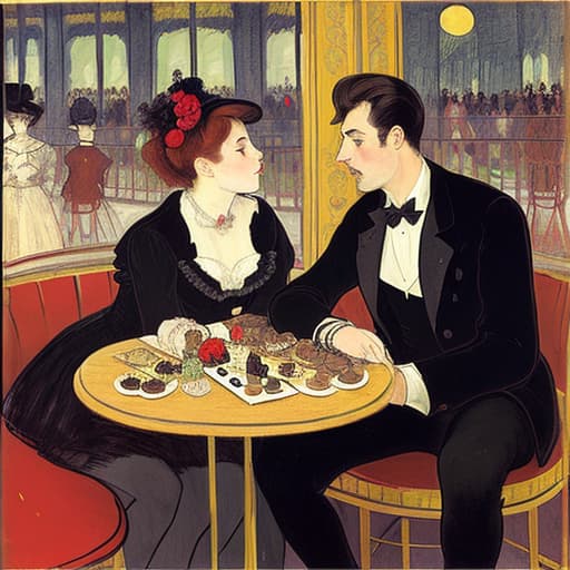  attractive young Parisian couple dressed in modern designer outfits who are romantically together in Paris. Foreground a small plate of fine dark chocolates on a small wooden table. Background dusk with a light of the inside the Moulin Rouge during a show. Painting style of Henri de Toulouse-Lautrec