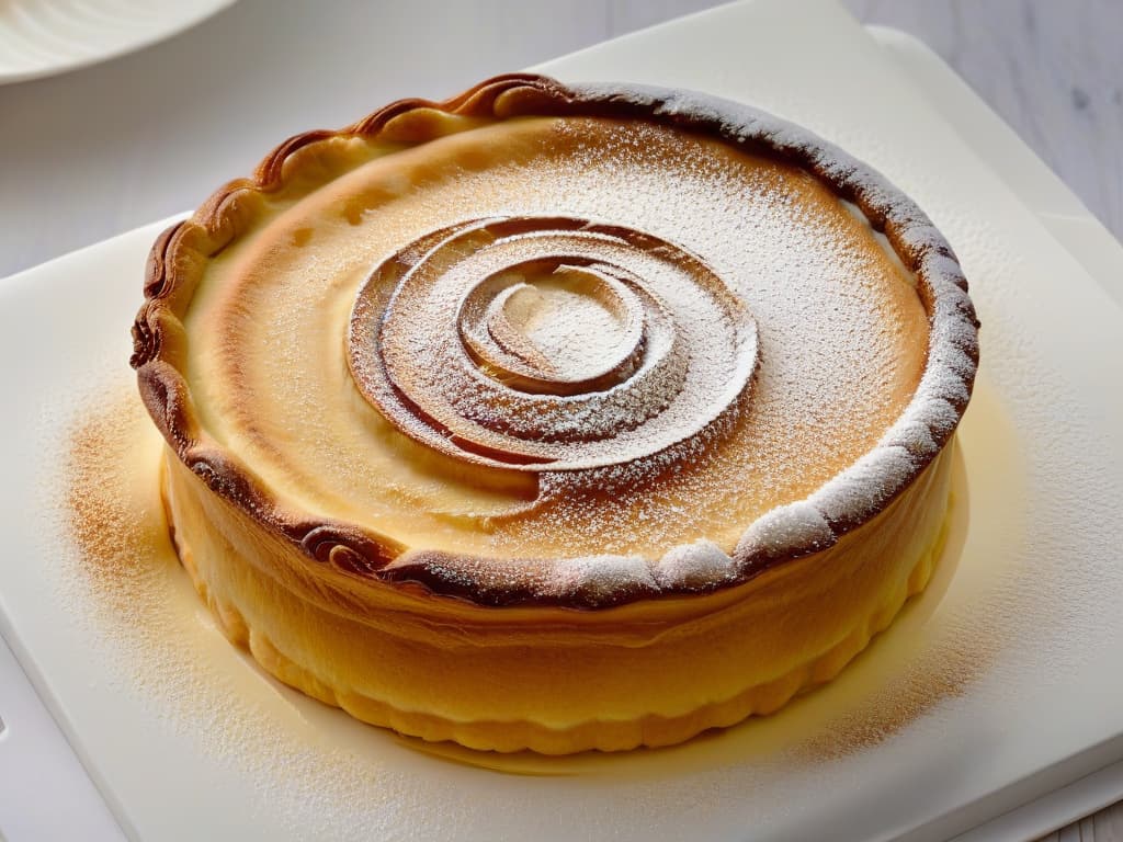  An ultradetailed closeup image of a freshly baked Pasteis de Belem, showcasing the golden, flaky pastry layers dusted with a perfect sprinkling of cinnamon and powdered sugar. The creamy custard filling is oozing slightly from the center, with a hint of steam rising, creating a mouthwatering and irresistible visual. hyperrealistic, full body, detailed clothing, highly detailed, cinematic lighting, stunningly beautiful, intricate, sharp focus, f/1. 8, 85mm, (centered image composition), (professionally color graded), ((bright soft diffused light)), volumetric fog, trending on instagram, trending on tumblr, HDR 4K, 8K