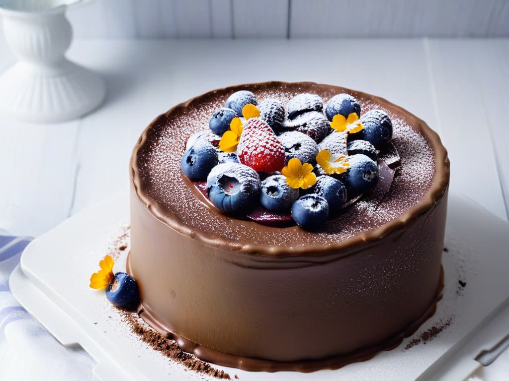  A closeup, ultradetailed photograph of a decadent chocolate avocado cake topped with vibrant fresh berries, edible flowers, and a dusting of cocoa powder on a sleek, modern white plate. The rich, moist cake layers are perfectly visible, showcasing the creamy texture and rich color of the avocado blended into the batter. The glossy berries and delicate petals create a striking contrast against the dark chocolate, while the soft natural lighting highlights the textures and colors in this visually stunning healthy dessert. hyperrealistic, full body, detailed clothing, highly detailed, cinematic lighting, stunningly beautiful, intricate, sharp focus, f/1. 8, 85mm, (centered image composition), (professionally color graded), ((bright soft diffused light)), volumetric fog, trending on instagram, trending on tumblr, HDR 4K, 8K