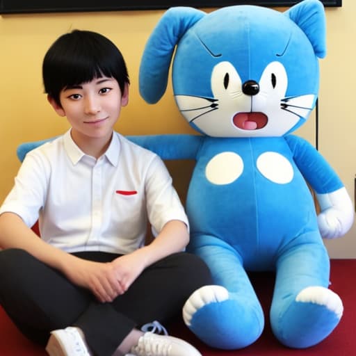  Doraemon plushy and asian boy