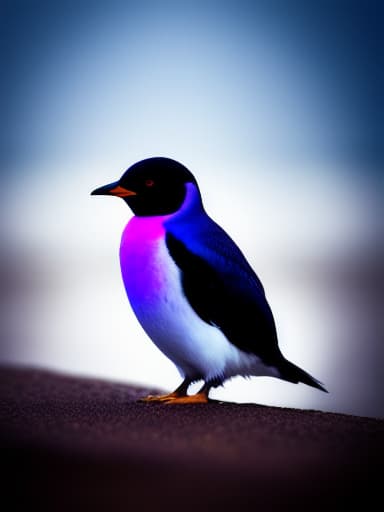 modelshoot style modelshoot style, purple pinguin, hyperrealistic, high quality, highly detailed, cinematic lighting, intricate, sharp focus, f/1. 8, 85mm, (centered image composition), (professionally color graded), ((bright soft diffused light)), volumetric fog, trending on instagram, HDR 4K, 8K
