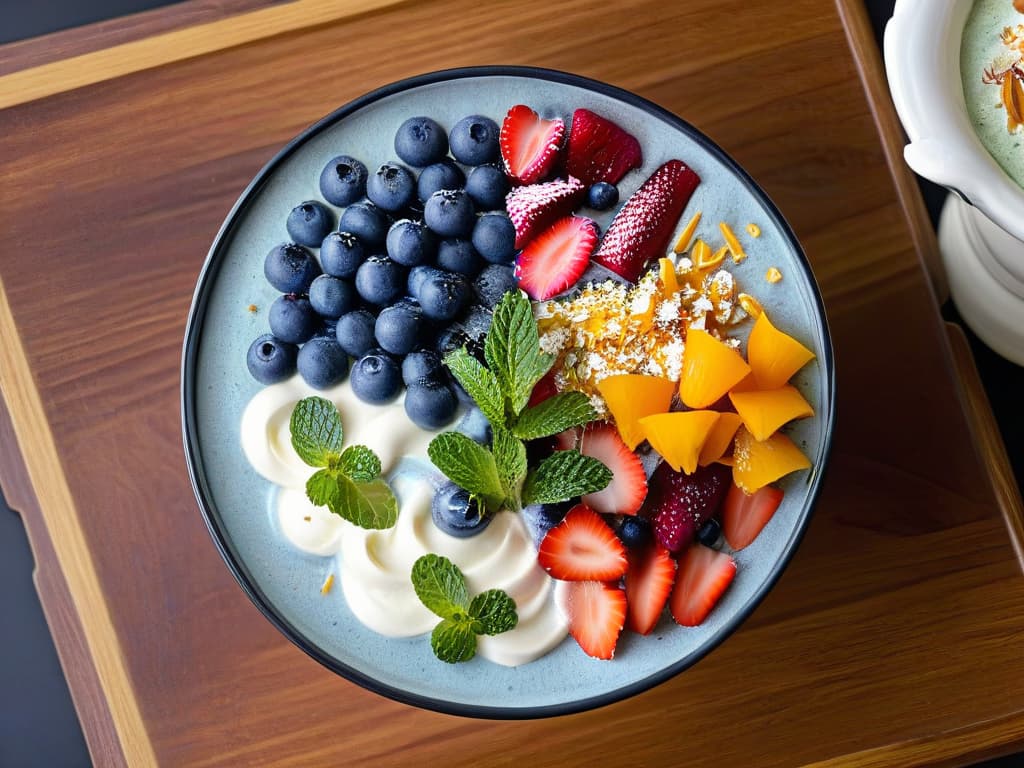  A closeup, ultradetailed image of a beautifully crafted rainbowcolored smoothie bowl garnished with intricate swirls of yogurt, chia seeds, fresh berries, edible flowers, and delicate mint leaves. The vibrant colors and mesmerizing presentation exude a sense of magic and creativity, making it a perfect visual representation for the article on creative pastry for magical breakfasts. hyperrealistic, full body, detailed clothing, highly detailed, cinematic lighting, stunningly beautiful, intricate, sharp focus, f/1. 8, 85mm, (centered image composition), (professionally color graded), ((bright soft diffused light)), volumetric fog, trending on instagram, trending on tumblr, HDR 4K, 8K