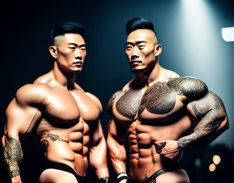  tattooed Chinese men bodybuilders are making love in gym，gays，salves，big bulge and ass，Asian，naked whole body， hyperrealistic, full body, detailed clothing, highly detailed, cinematic lighting, stunningly beautiful, intricate, sharp focus, f/1. 8, 85mm, (centered image composition), (professionally color graded), ((bright soft diffused light)), volumetric fog, trending on instagram, trending on tumblr, HDR 4K, 8K