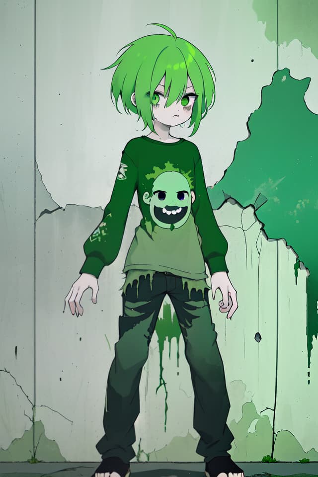  Green hair character that progresses forward, the background is decayed concrete wall