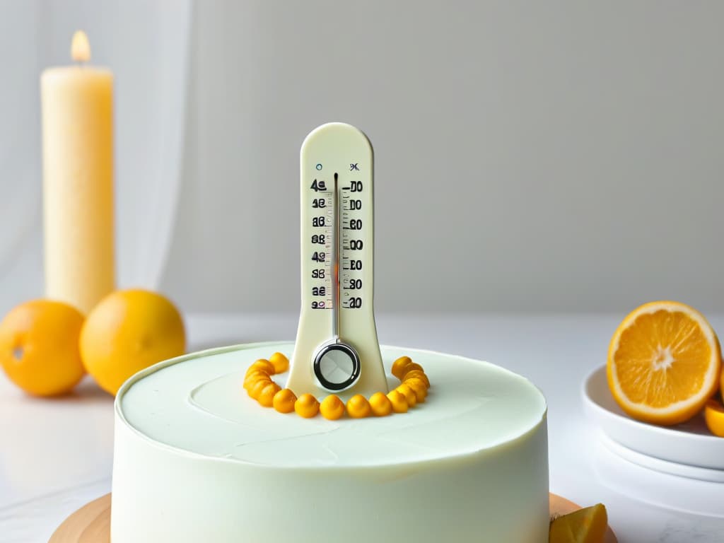  An ultradetailed closeup image of a sleek, modern digital kitchen thermometer displaying the temperature with precision, set against a softfocus background of a beautifully decorated cake with intricate frosting details. The thermometer's screen shows a perfect temperature reading for baking, emphasizing accuracy and precision in pastry making. hyperrealistic, full body, detailed clothing, highly detailed, cinematic lighting, stunningly beautiful, intricate, sharp focus, f/1. 8, 85mm, (centered image composition), (professionally color graded), ((bright soft diffused light)), volumetric fog, trending on instagram, trending on tumblr, HDR 4K, 8K