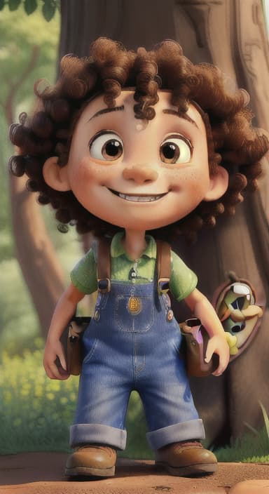  {The tree with a smiling face formed by its bark, looking down at Riley., Riley, a curious with big brown eyes and curly hair, wearing overalls and carrying a small backpack. Their friend, Skye, a bluebird with shiny feathers.