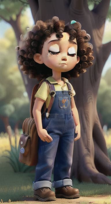  {Riley standing under the tree with eyes closed, making the wish., Riley, a curious with big brown eyes and curly hair, wearing overalls and carrying a small backpack. Their friend, Skye, a bluebird with shiny feathers.