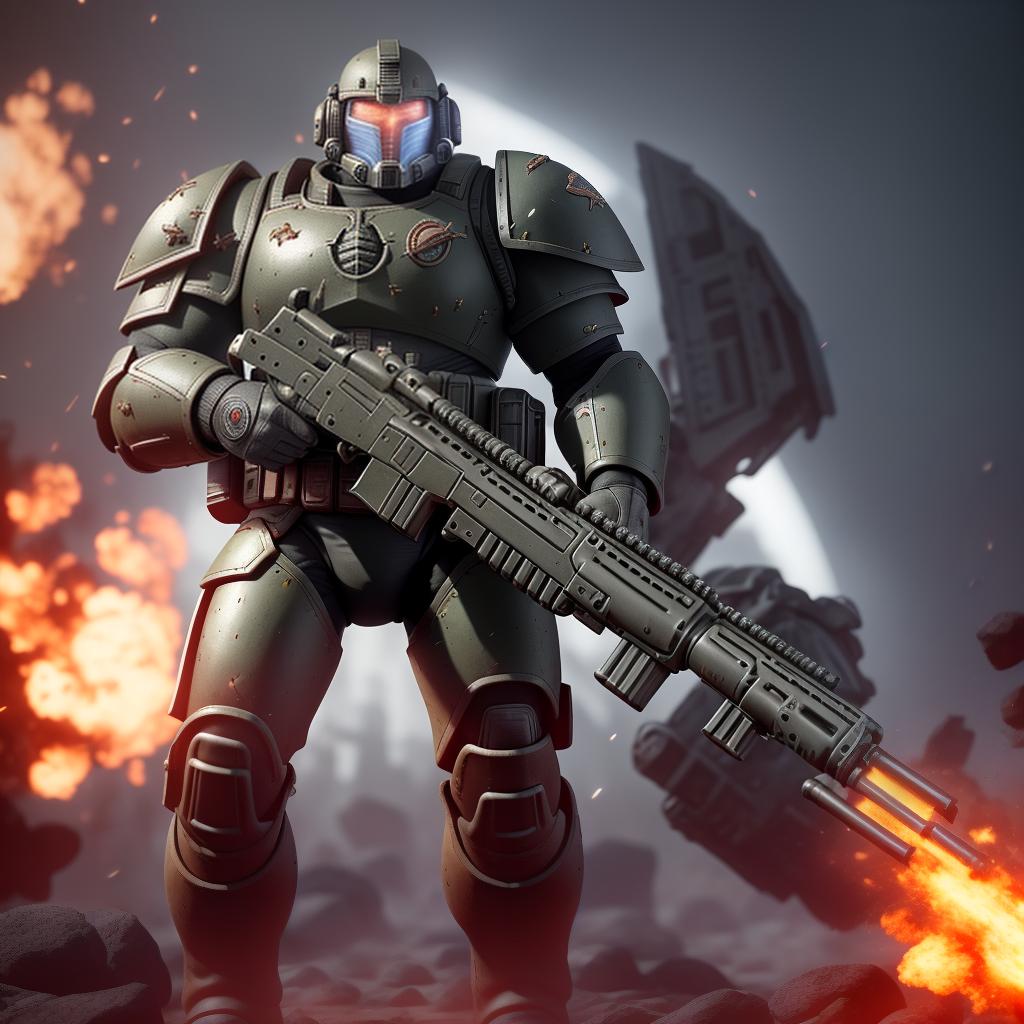  Complex 3d rendering A Space Marine is a towering, transhuman warrior, his brute strength tempered by inhuman skill. He is armed with the fearsome Bolter, a blessed weapon that fires devastating, mass-reactive shells that explode within the flesh of the target. He is protected by a suit of power armour, shielding him from the fiercest of enemy fire whilst simultaneously strengthening his blows and allowing him to survive the most hostile of environments., (high detailed skin:1.2), 8k uhd, dslr, soft lighting, high quality, film grain, Fujifilm XT3 hyperrealistic, full body, detailed clothing, highly detailed, cinematic lighting, stunningly beautiful, intricate, sharp focus, f/1. 8, 85mm, (centered image composition), (professionally color graded), ((bright soft diffused light)), volumetric fog, trending on instagram, trending on tumblr, HDR 4K, 8K