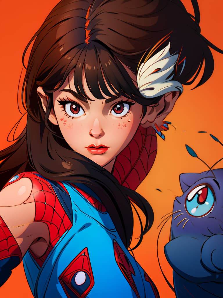  masterpiece, best quality, official art, extremely detailed cg 8k, line art drawing 1 spider woman in her spider man suit with carmel skin and dark brown shoulder length hair with bangs portrait with tuxedo cat . professional, sleek, modern, minimalist, graphic, line art, vector graphics