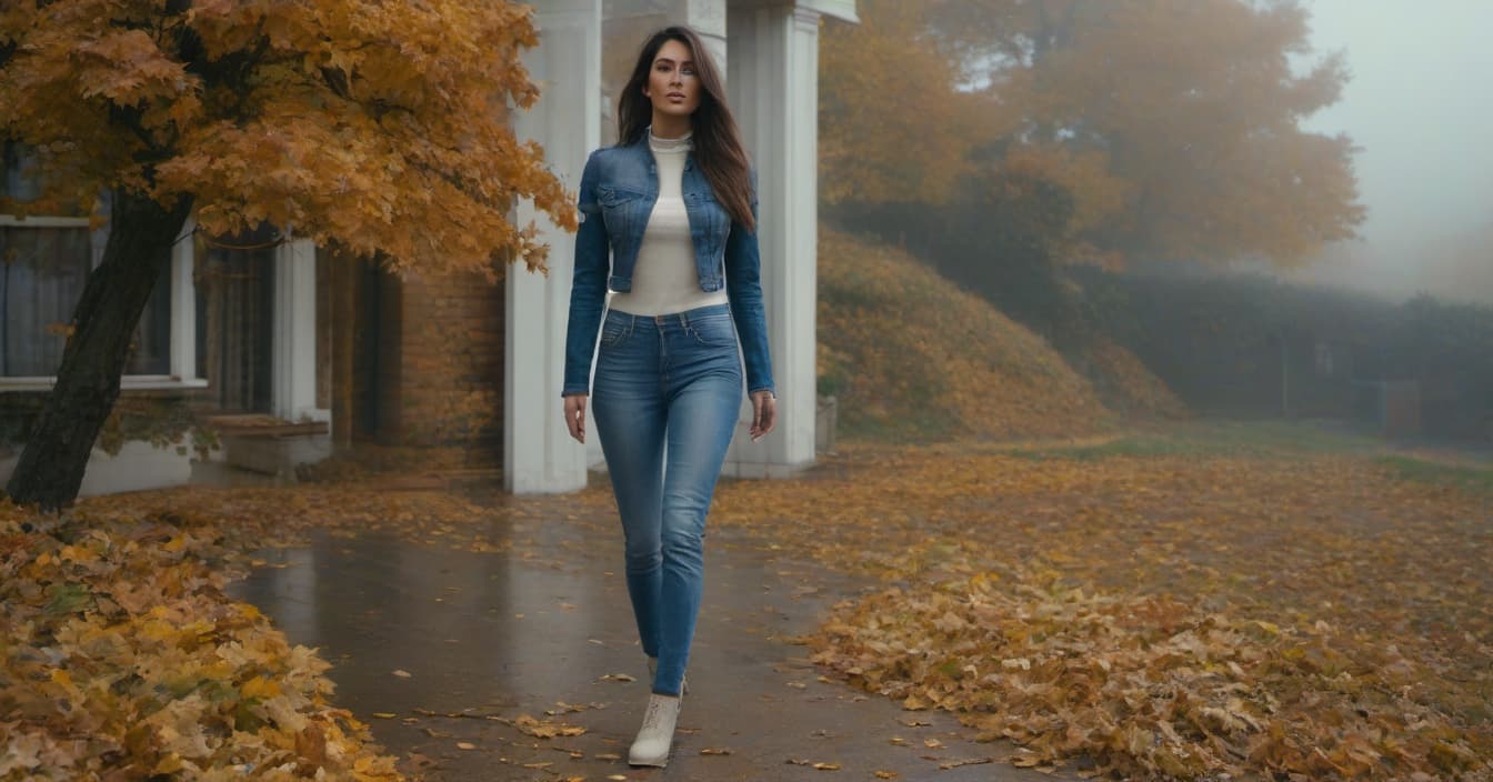  A girl in jeans goes to the house with the strong wind and the door, autumn. hyperrealistic, full body, detailed clothing, highly detailed, cinematic lighting, stunningly beautiful, intricate, sharp focus, f/1. 8, 85mm, (centered image composition), (professionally color graded), ((bright soft diffused light)), volumetric fog, trending on instagram, trending on tumblr, HDR 4K, 8K