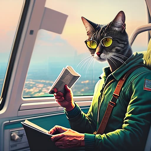 nvinkpunk Realistic image of a cat wearing headphones and reading glasses while riding a bus. hyperrealistic, full body, detailed clothing, highly detailed, cinematic lighting, stunningly beautiful, intricate, sharp focus, f/1. 8, 85mm, (centered image composition), (professionally color graded), ((bright soft diffused light)), volumetric fog, trending on instagram, trending on tumblr, HDR 4K, 8K