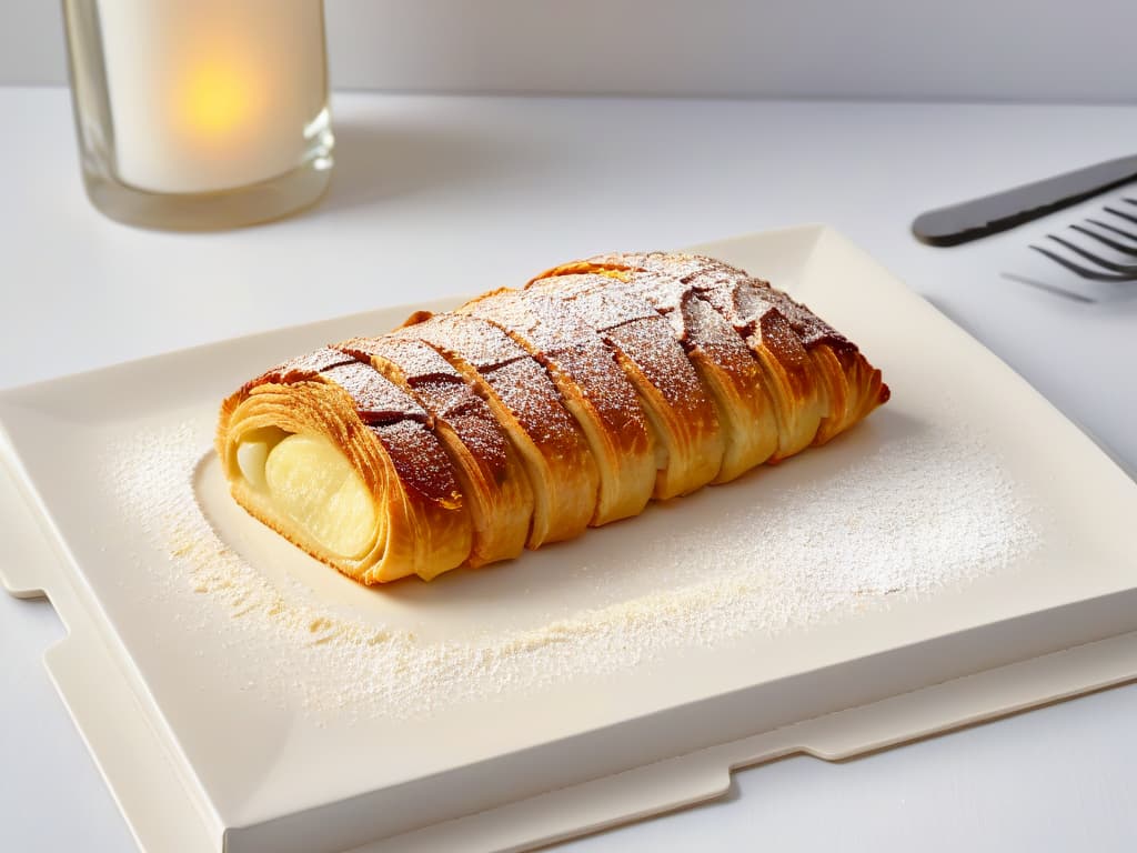  A closeup, ultradetailed image of a perfectly golden and flaky sugarfree apple turnover, sprinkled with a light dusting of cinnamon and set on a sleek, modern white plate. The pastry is delicately glazed with a sugarfree syrup, showcasing its layers and inviting texture. The background is softly blurred, emphasizing the simplicity and elegance of the dessert, making it a visually striking and appetizing image for a diabeticfriendly pastry article. hyperrealistic, full body, detailed clothing, highly detailed, cinematic lighting, stunningly beautiful, intricate, sharp focus, f/1. 8, 85mm, (centered image composition), (professionally color graded), ((bright soft diffused light)), volumetric fog, trending on instagram, trending on tumblr, HDR 4K, 8K