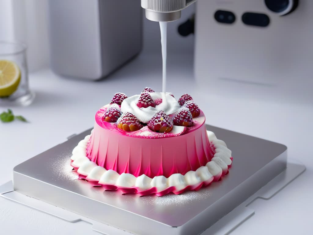  A closeup, ultradetailed image of a pristine white 3D printer nozzle extruding a delicate swirl of vibrant pink raspberryflavored dessert mixture onto a spotless, gleaming stainless steel print bed. The nozzle is impeccably clean, with every intricate detail and filament pathway clearly visible. The vibrant pink dessert material is captured midflow, showcasing the precision and artistry of the 3D printing process in creating intricate edible designs for food safety. The background is a soft focus, emphasizing the clean, minimalist aesthetic of the image. hyperrealistic, full body, detailed clothing, highly detailed, cinematic lighting, stunningly beautiful, intricate, sharp focus, f/1. 8, 85mm, (centered image composition), (professionally color graded), ((bright soft diffused light)), volumetric fog, trending on instagram, trending on tumblr, HDR 4K, 8K