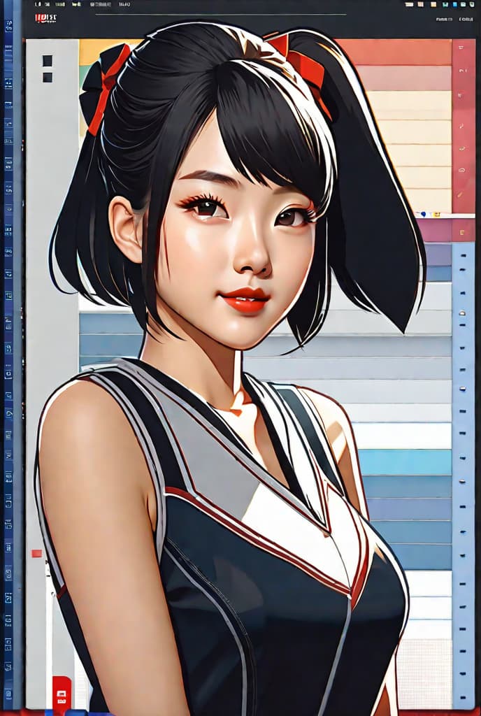  masterpiece, best quality, (fidelity:1.4), best quality, super high resolution, poster, very detailed face, 8k resolution, an asian girl, quiet, white and red skin, thin lips, low-cut silk top, sleeveless arms, black hair, hair tied, shorts, classroom