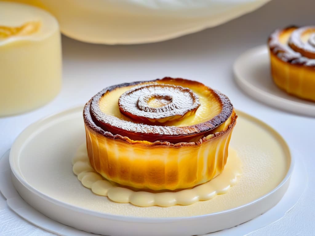  A closeup, ultradetailed image of a delicate Pastel de Nata, the iconic Portuguese custard tart, perfectly caramelized on top with layers of flaky pastry visible, sitting on a modern, sleek plate against a soft, blurred background that subtly hints at a traditional Portuguese kitchen setting. The golden hues of the tart contrast beautifully with the cool, minimalist surroundings, showcasing the fusion of heritage and innovation in Portuguese pastry artistry. hyperrealistic, full body, detailed clothing, highly detailed, cinematic lighting, stunningly beautiful, intricate, sharp focus, f/1. 8, 85mm, (centered image composition), (professionally color graded), ((bright soft diffused light)), volumetric fog, trending on instagram, trending on tumblr, HDR 4K, 8K