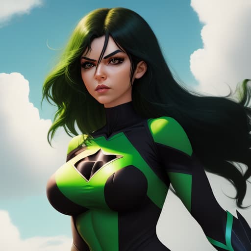 make a entire body woman character superhero with green dark hair and black superhero costume and clouds around