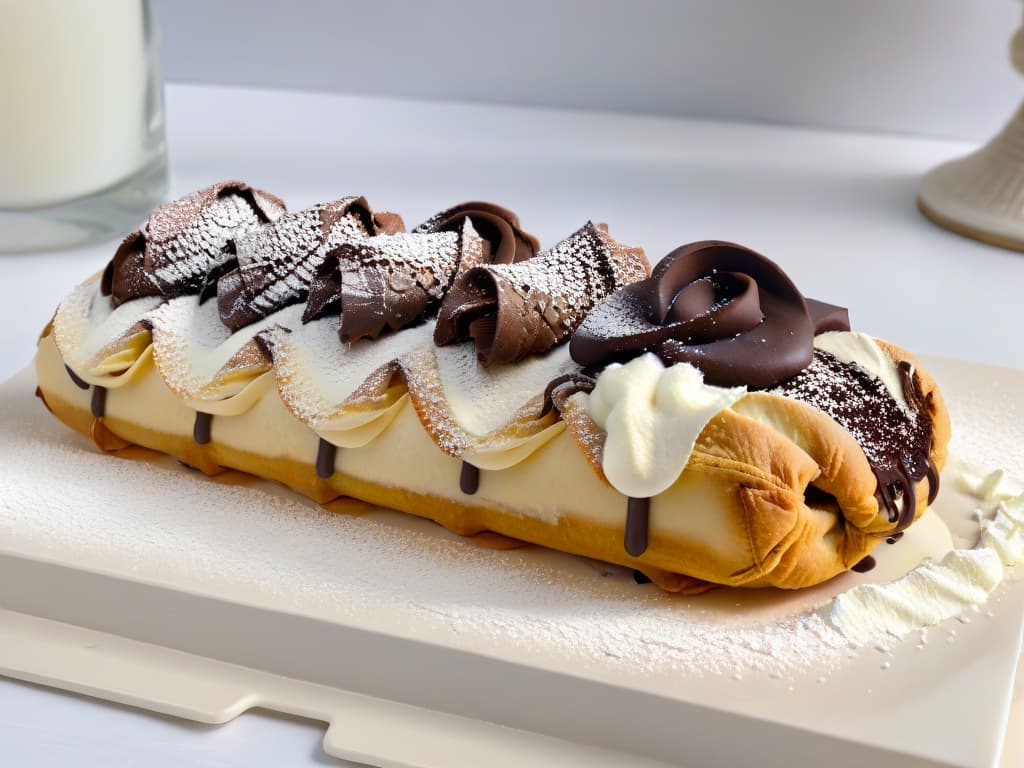  A closeup, ultradetailed image of a perfectly piped cannoli Siciliano filled with creamy ricotta cheese and dotted with chocolate chips, dusted with a light sprinkle of powdered sugar on a sleek, modern white plate. The cannoli shell is golden brown and crispy, showcasing the layers and textures of the dessert. The creamy filling is smooth and luscious, inviting the viewer with its immaculate presentation and attention to detail. hyperrealistic, full body, detailed clothing, highly detailed, cinematic lighting, stunningly beautiful, intricate, sharp focus, f/1. 8, 85mm, (centered image composition), (professionally color graded), ((bright soft diffused light)), volumetric fog, trending on instagram, trending on tumblr, HDR 4K, 8K