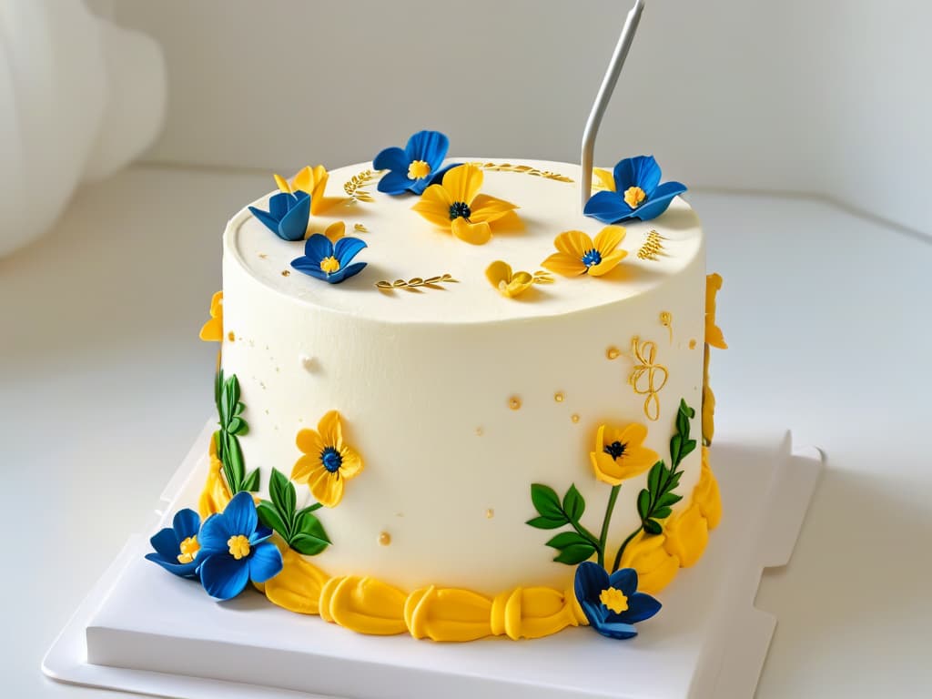  A highresolution closeup image of a perfectly frosted thematic cake, showcasing intricate details like delicate piping work, edible gold leaf accents, and vibrant colors that pop against a clean, white background. The cake should be elegantly styled with thematic elements such as miniature fondant decorations of baking utensils, tiny edible flowers, and meticulously crafted sugar figurines, all contributing to an overall visually stunning and minimalistic composition that exudes sophistication and creativity. hyperrealistic, full body, detailed clothing, highly detailed, cinematic lighting, stunningly beautiful, intricate, sharp focus, f/1. 8, 85mm, (centered image composition), (professionally color graded), ((bright soft diffused light)), volumetric fog, trending on instagram, trending on tumblr, HDR 4K, 8K