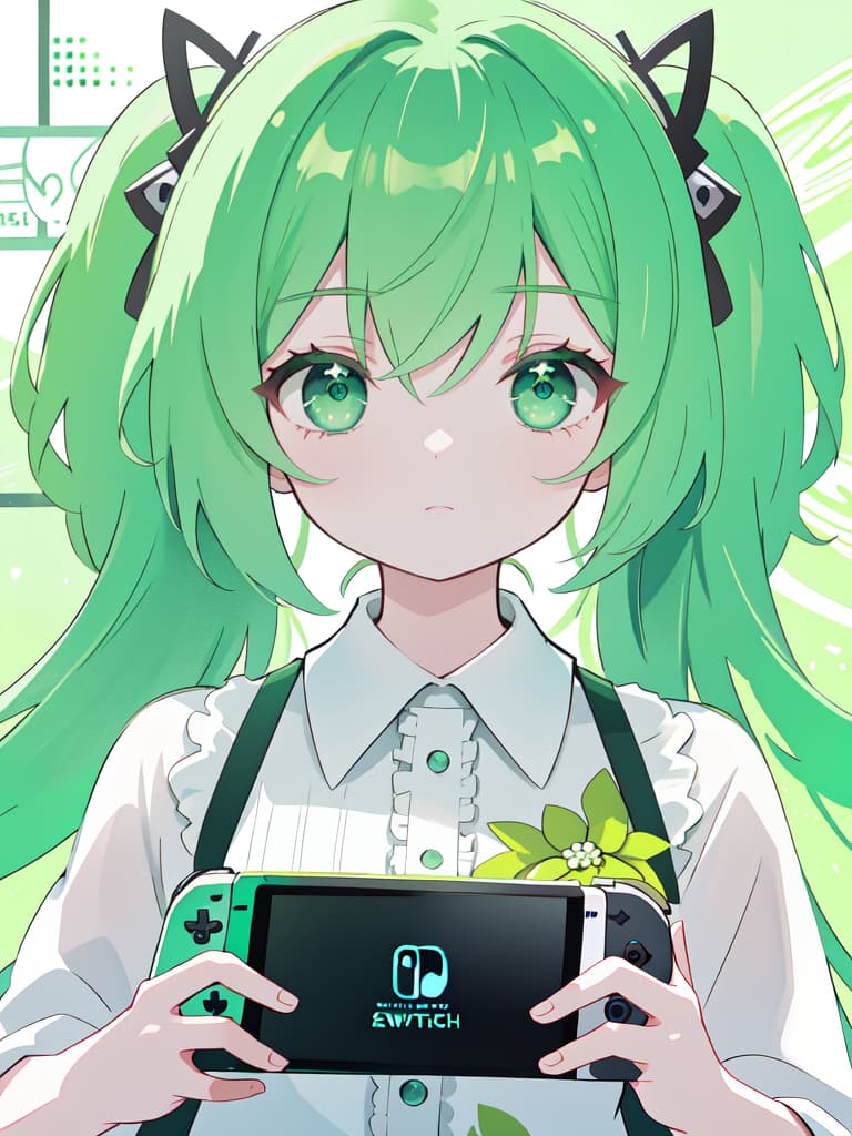  Green hair character, Nintendo Switch, masterpiece, best quality,8k,ultra detailed,high resolution,an extremely delicate and beautiful,hyper detail