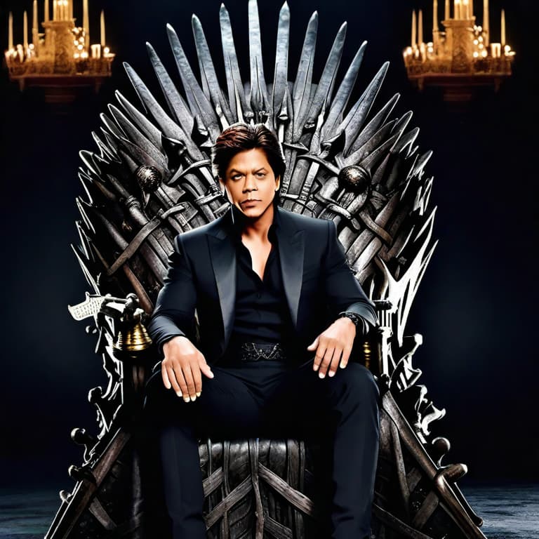  Medium: Digital art
Art Style: Hyper-realistic
Image Type: Illustration
Resolution and Focus: 4K resolution, highly detailed with sharp focus
Typography and Text: No text required
Elaborate Description: The hyper-realistic digital illustration depicts Shah Rukh Khan as Jon Snow sitting on the formidable Iron Throne. The throne itself is intricately detailed, made of twisted swords and dark, weathered metal. Shah Rukh Khan, in the costume of Jon Snow, is flawlessly rendered with intense attention to detail. His expression is stoic, reflecting the burden of leadership. The lighting is dim, casting dramatic shadows and emphasizing the contrast between light and dark. The overall color palette is dominated by shades of black, silver, and gray, 