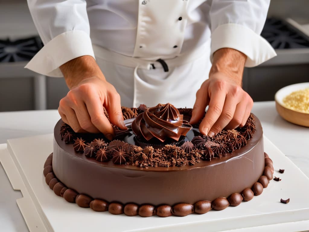  A photorealistic image of a skilled chocolatier meticulously tempering rich, glossy chocolate over a marble countertop in a professional kitchen. The chocolatier's hands are expertly swirling the velvety chocolate, capturing the precise moment when it reaches the perfect temperature for manipulation in pastry making. The image showcases the intricate process of chocolate manipulation, highlighting the artistry and precision required in working with this beloved ingredient in pastry. hyperrealistic, full body, detailed clothing, highly detailed, cinematic lighting, stunningly beautiful, intricate, sharp focus, f/1. 8, 85mm, (centered image composition), (professionally color graded), ((bright soft diffused light)), volumetric fog, trending on instagram, trending on tumblr, HDR 4K, 8K