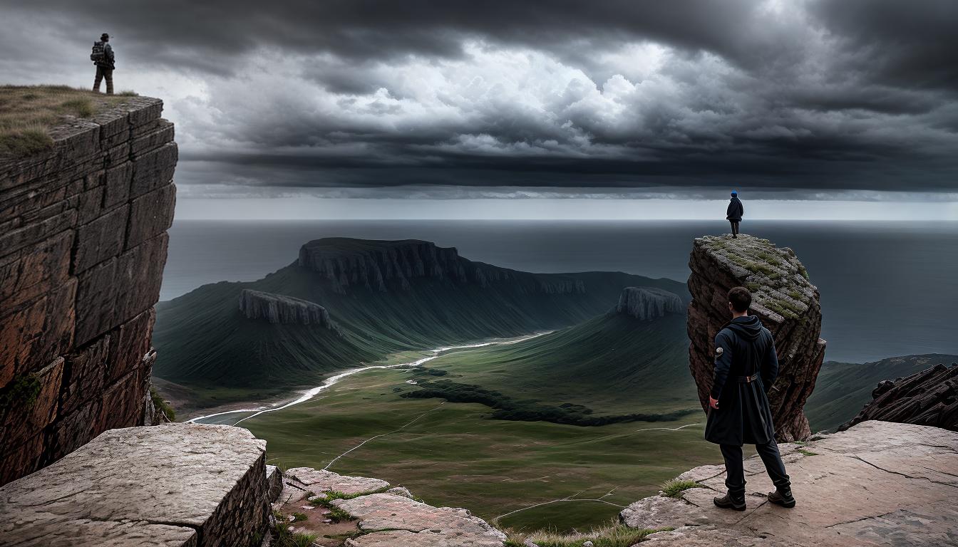  cinematic, aesthetic, a figure standing confidently on a cliff edge, gazing toward an approaching storm, strong stance, wind buffeting clothes, aura of determination, rugged landscape, sense of challenge, anticipation, 4k, HDR, lens flare