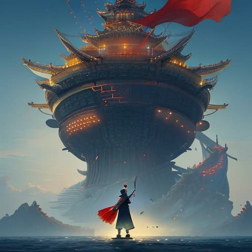  Nezha must be shown standing with his hands behind his back, looking down at the East China Sea and standing on a flying chariot. The picture needs to be magnificent and atmospheric.