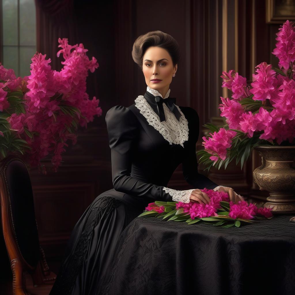  Victorian beauty in mourning wear in black dress with a bouquet of azaleas in the 1870s. Rosy bouquet of orchids on the table. hyperrealistic, full body, detailed clothing, highly detailed, cinematic lighting, stunningly beautiful, intricate, sharp focus, f/1. 8, 85mm, (centered image composition), (professionally color graded), ((bright soft diffused light)), volumetric fog, trending on instagram, trending on tumblr, HDR 4K, 8K