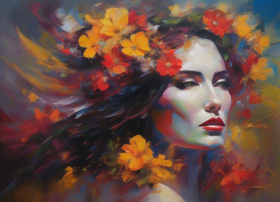  abstract expressionist painting An illustration of a woman with flowers in her hair and as part of her flowing attire, blending nature and beauty in a fantasy style . energetic brushwork, bold colors, abstract forms, expressive, emotional hyperrealistic, full body, detailed clothing, highly detailed, cinematic lighting, stunningly beautiful, intricate, sharp focus, f/1. 8, 85mm, (centered image composition), (professionally color graded), ((bright soft diffused light)), volumetric fog, trending on instagram, trending on tumblr, HDR 4K, 8K