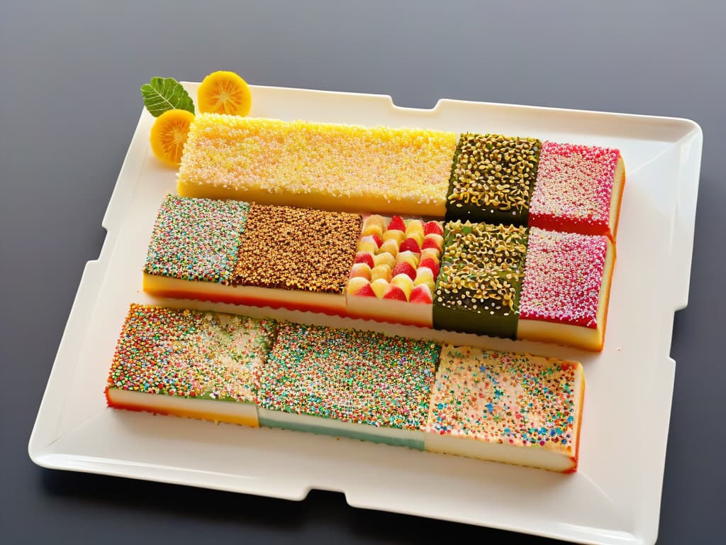  A highresolution, minimalist image of a colorful array of Fairy Bread slices arranged artfully on a clean, white platter. Each slice is meticulously garnished with vibrant sprinkles in various shapes and sizes, creating a visually appealing and appetizing display that perfectly captures the essence of this festive treat. hyperrealistic, full body, detailed clothing, highly detailed, cinematic lighting, stunningly beautiful, intricate, sharp focus, f/1. 8, 85mm, (centered image composition), (professionally color graded), ((bright soft diffused light)), volumetric fog, trending on instagram, trending on tumblr, HDR 4K, 8K